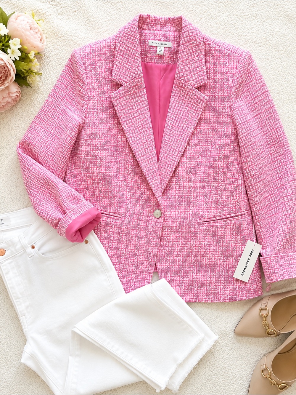 💗✨✨NWT Free Assembly Pink Bouclé Blazer Career Chic Jacket size Large✨✨💗